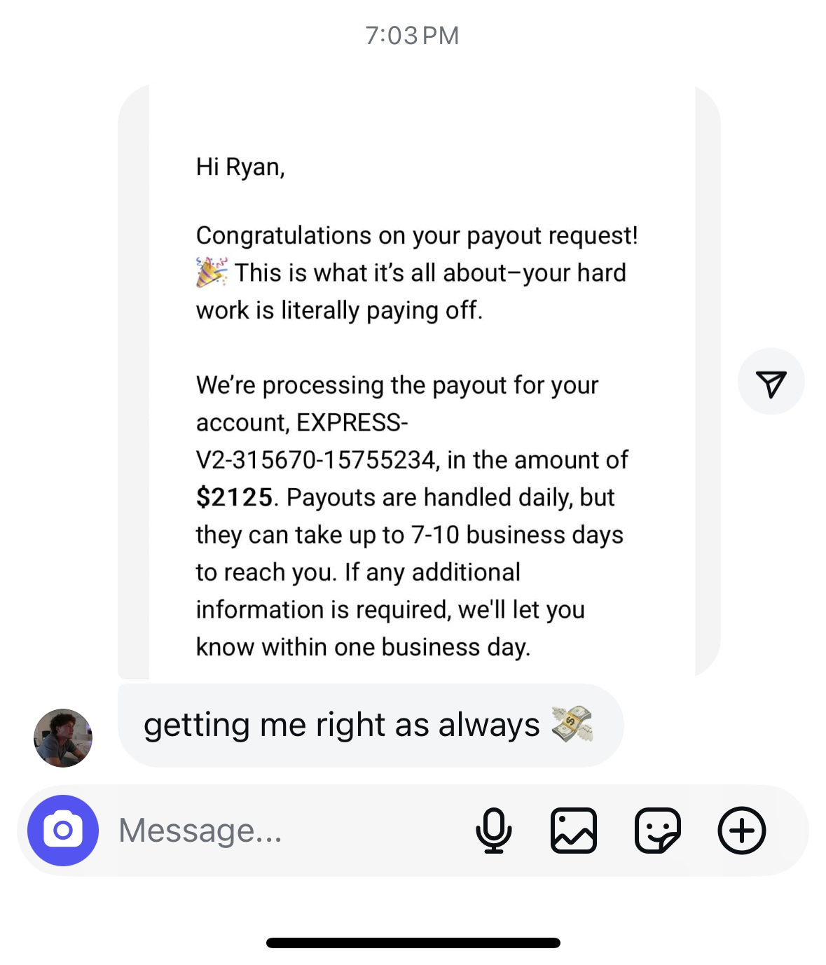 Student payout confirmation message