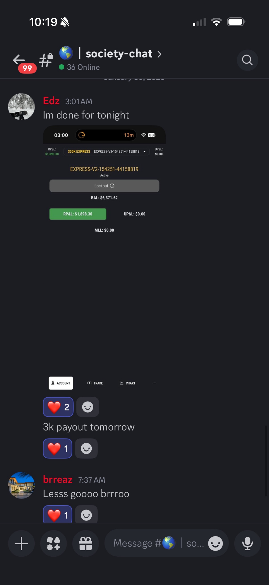 Society chat $1,898 payout screenshot